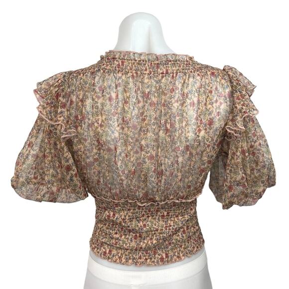 Free People Beatrice Floral Print Brown Lace Up Puff Sleeve Blouse Top Size S - Picture 9 of 14